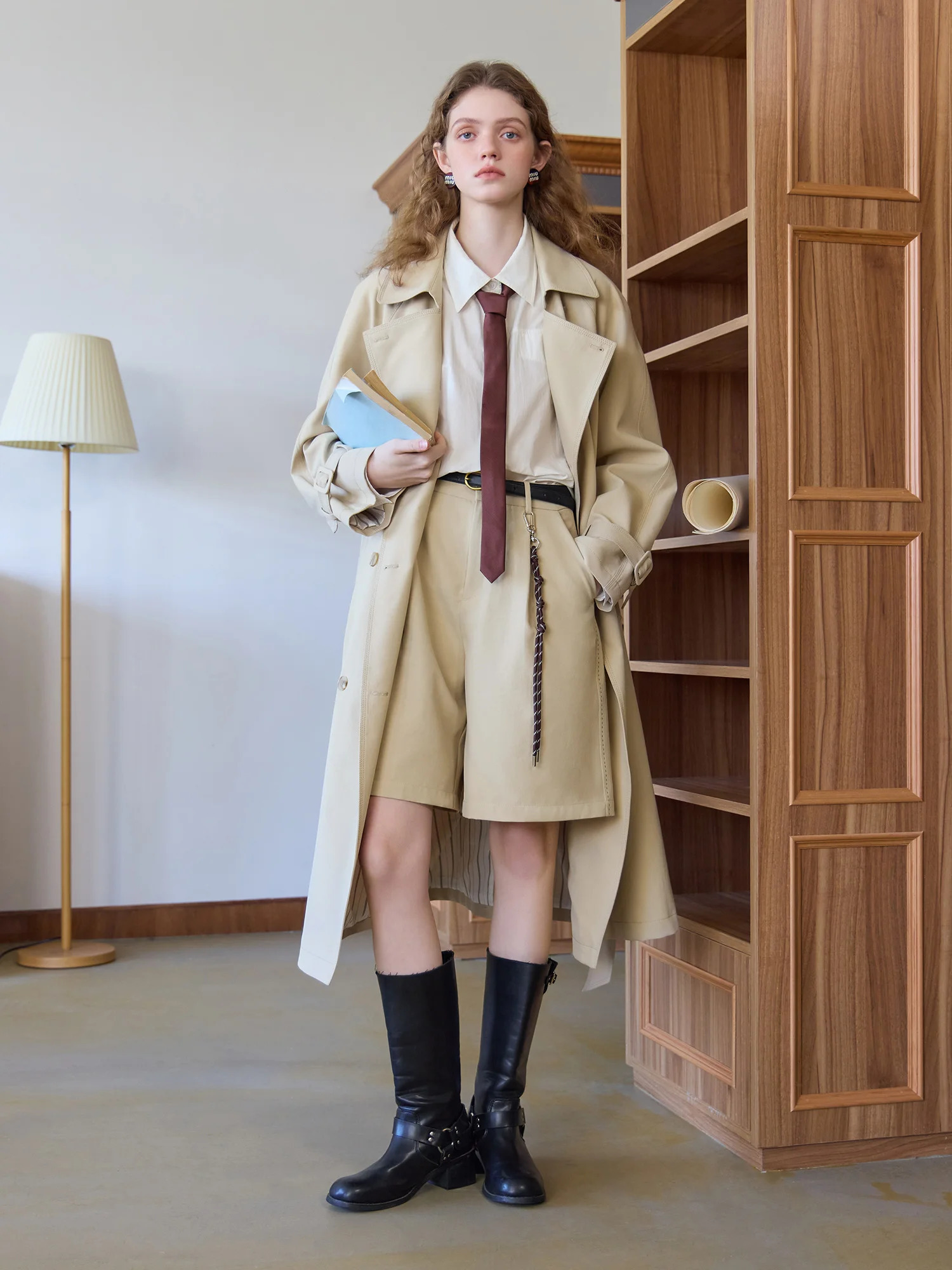 FSLE Office Lady Khaki Trench 2025 Spring Medium Long Women Loose Coats Casual Double Breasted Coat With Sashes 25FS11068 260228
