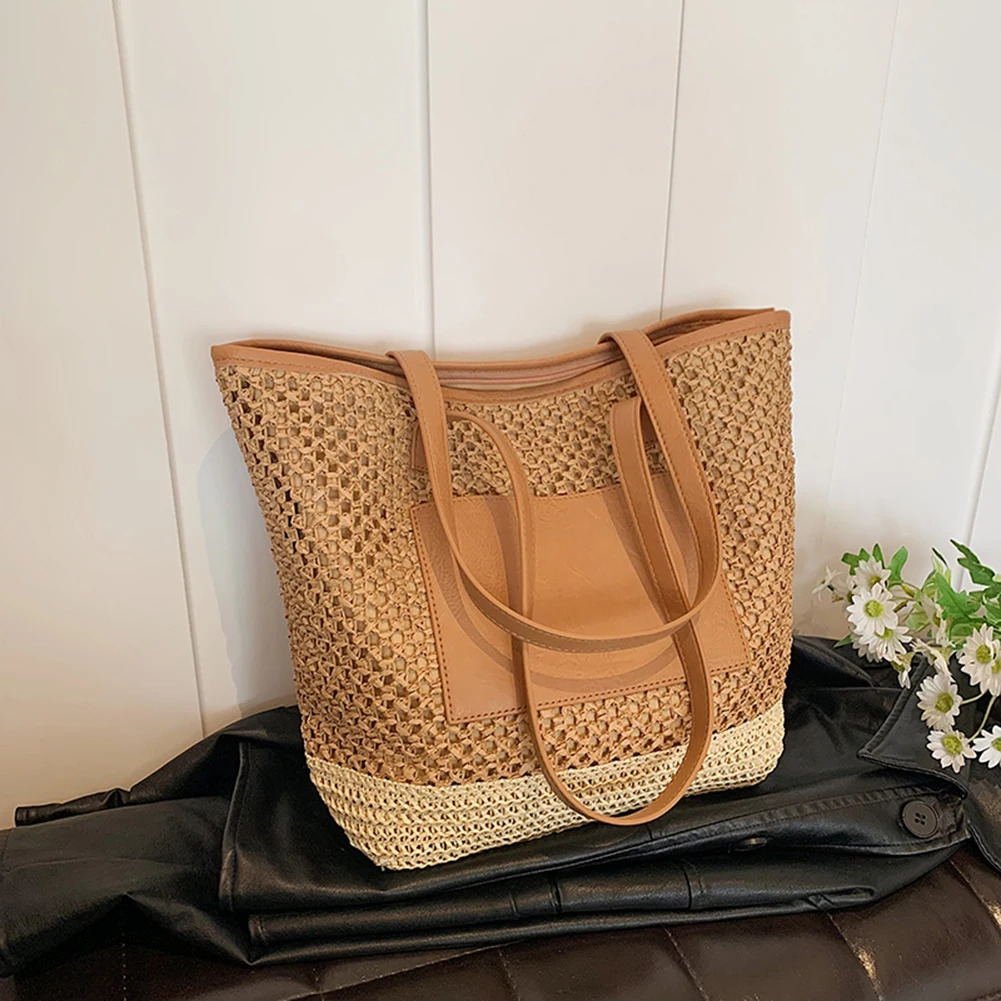 Women Straw Crochet Beach Handbag PU Patchwork Simple Shoulder Bag Contrast Color Minimalist Tote Bag Ladies Summer Bag 260303