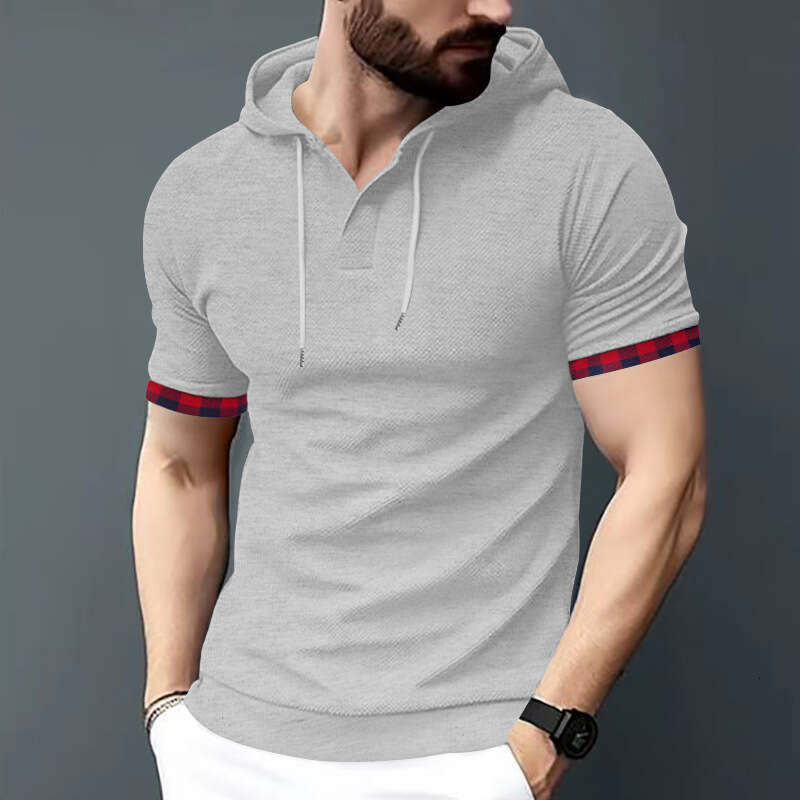 Men's Plaid Cuff Spliced Hooded T-shirt Casual Henley Neck Short Sleeve Tee Top