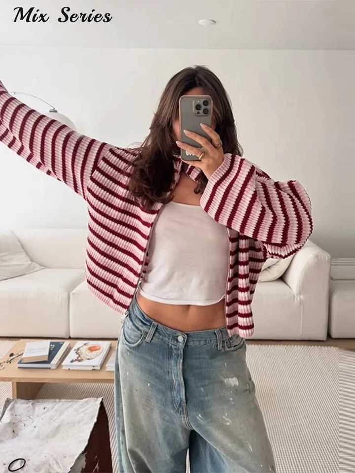 Casual Turtleneck Knitted Ribbed Sweater Womens Loose Full Sleeve Zippers Cardigan 2025 Autumn Winter Lady Minimalist Outerwear M260306