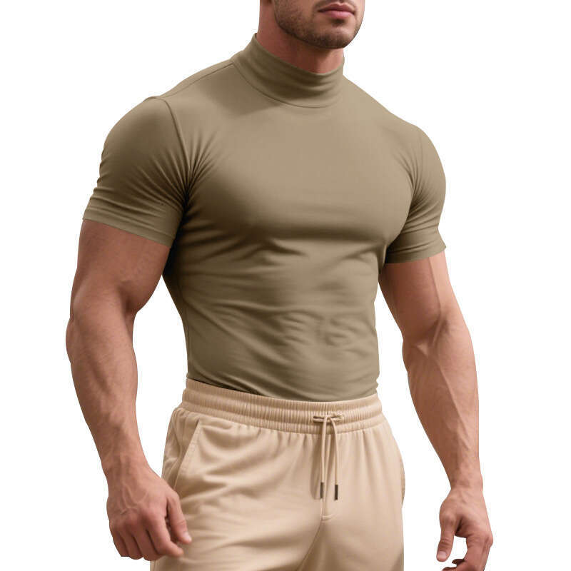 25 Cross-border European American men's summer stretch slim-fit British gentleman casual base shirt with a small high collar and short sleeves