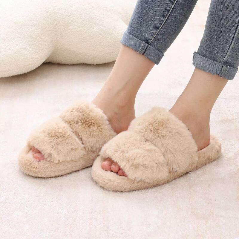 Litfun Winter Furry Women's Flat Slip On Indoor Fashion Cotton Slides Plush Lining Warm Comfy Slippers For Women
