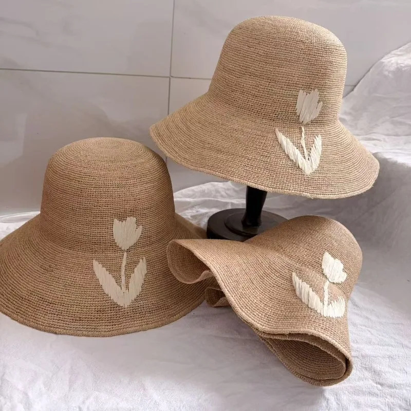 Natural Raffia Hand-woven Sun Hat for Women Summer Sun Protection UV Wide Brim Beach Straw Hat Korean Block Hat 260228