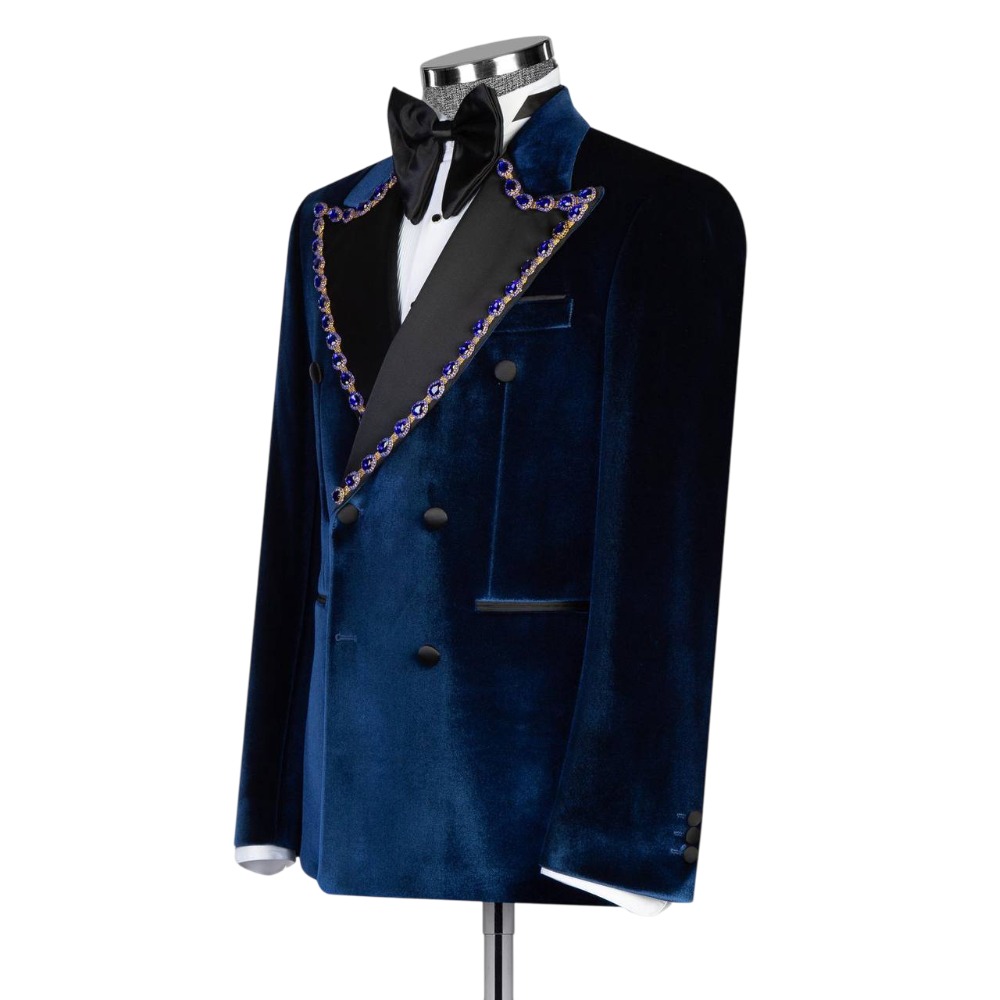 Vintage Men Suits Peaked Lapel Crystal Blazer 2 Pieces Tailor-Made Velvet Jacket Double Breasted Beaded Groom Customized Coat Pants Plus Size