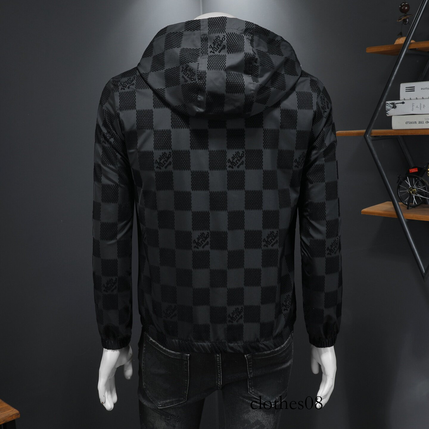 European Collection 2026 Spring New Men's Flocked Hooded Casual Jacket, Plus Size Slim Fit Jacquard Plaid Coat, Trendy