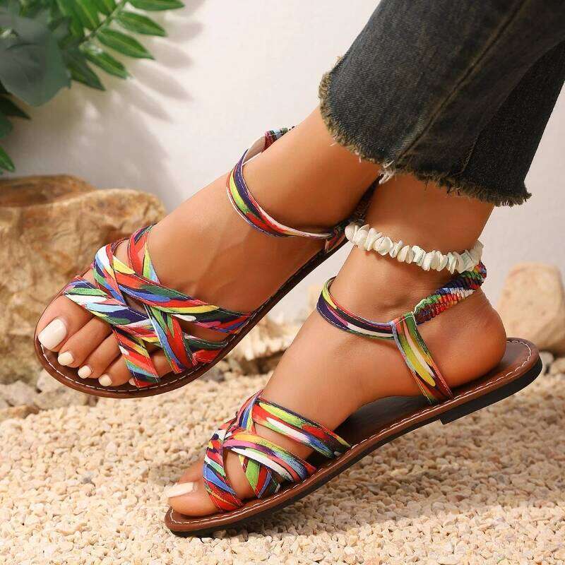 2025 Summer Women's New Fashionable and Comfortable Flat Shoes with Elastic Band Design Anti slip Simple Sandals