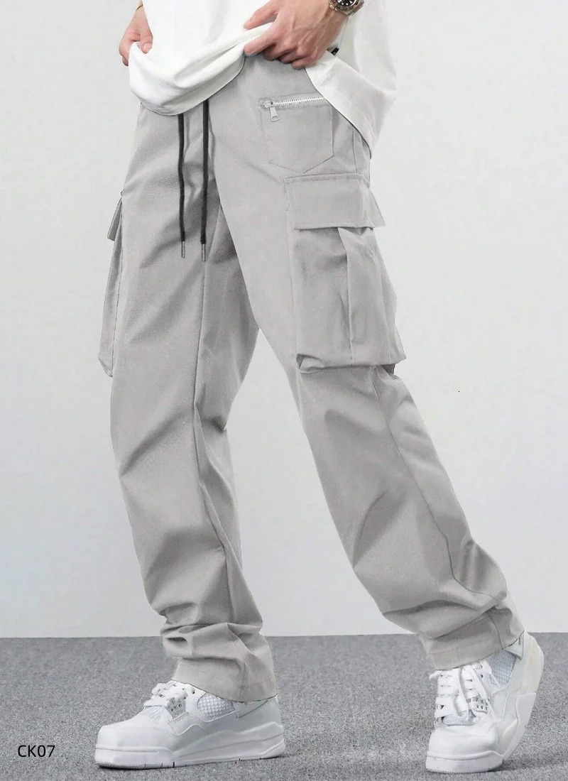 mens workwear pants mens loose straight leg casual pants mens drawstring workwear pocket pants 260305
