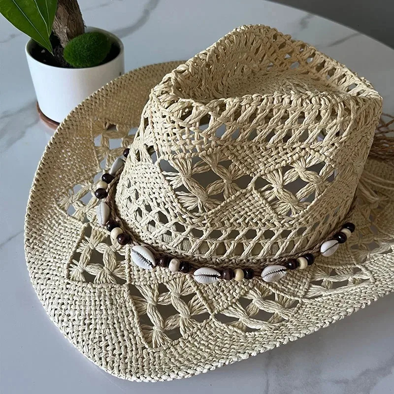 Summer Bohemian Shell Straw Hat Beach Women Men Cowboy Hats Wooden Beads Hollow Out Western Wide Brim Sun Hat Holiday Cap 260228