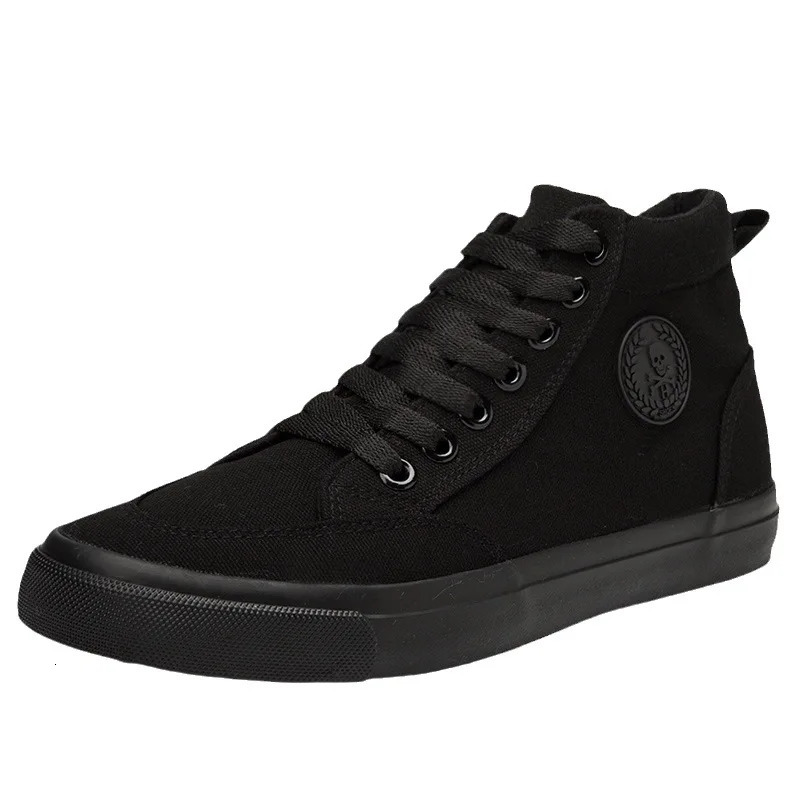 Mens High-Top Canvas Sneakers Slip-On Lace-Up Casual All-Black Basic Skate Shoes for Students Flat Sole Comfortable Sport Shoes 260305