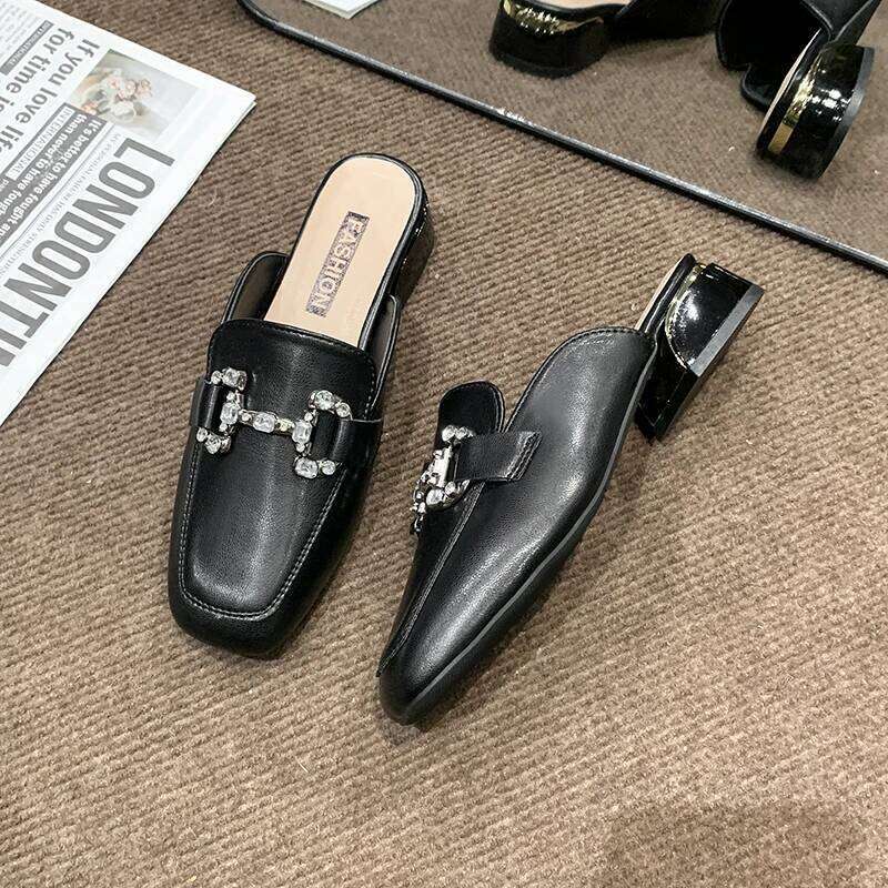 Women Pumps Shallow 2025 Footwear Fashion Metal Buckle Strap Ladies Thick Heels Shoes Leather casual sandals