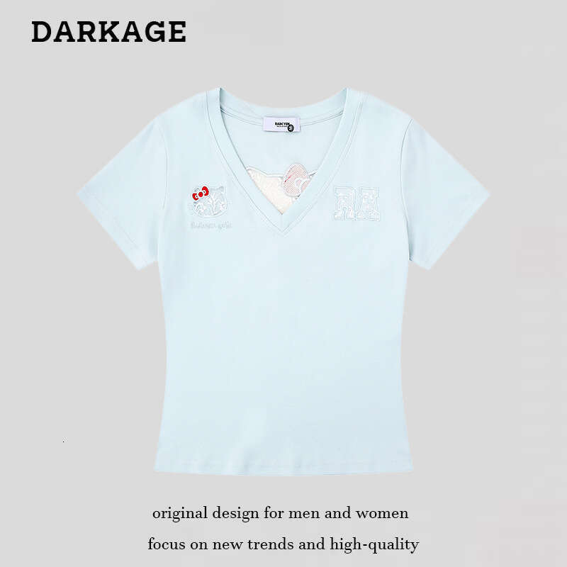 Sweet Cute Cat Hollow Short Sleeve V-neck T-shirt Women's Slim Fit Pure Cotton Style Summer Fashion Top Y2K cartoon embroidery