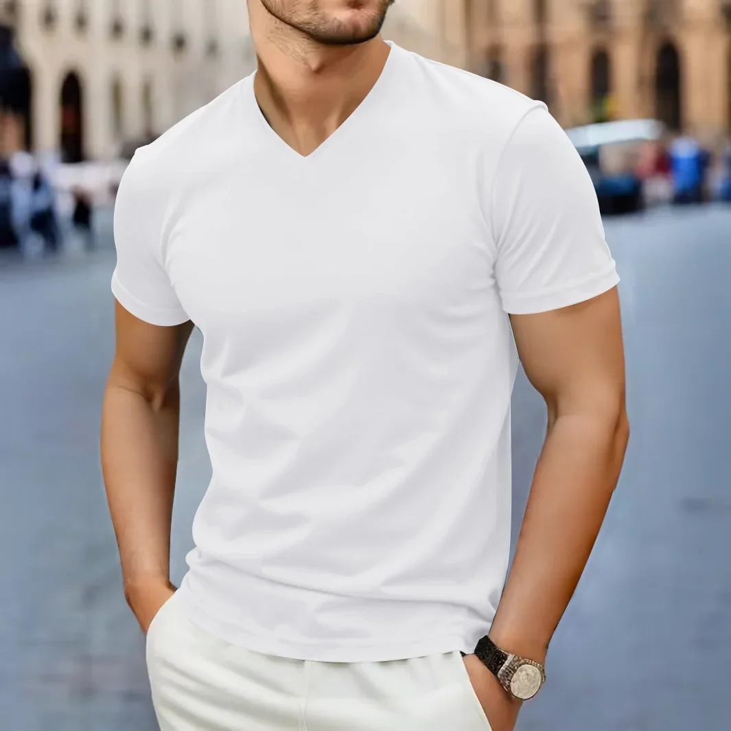 Mens Casual Fashion Simple Vneck Short Sleeved Tshirt Summer Comfortable Breathable Versatile Top 260302