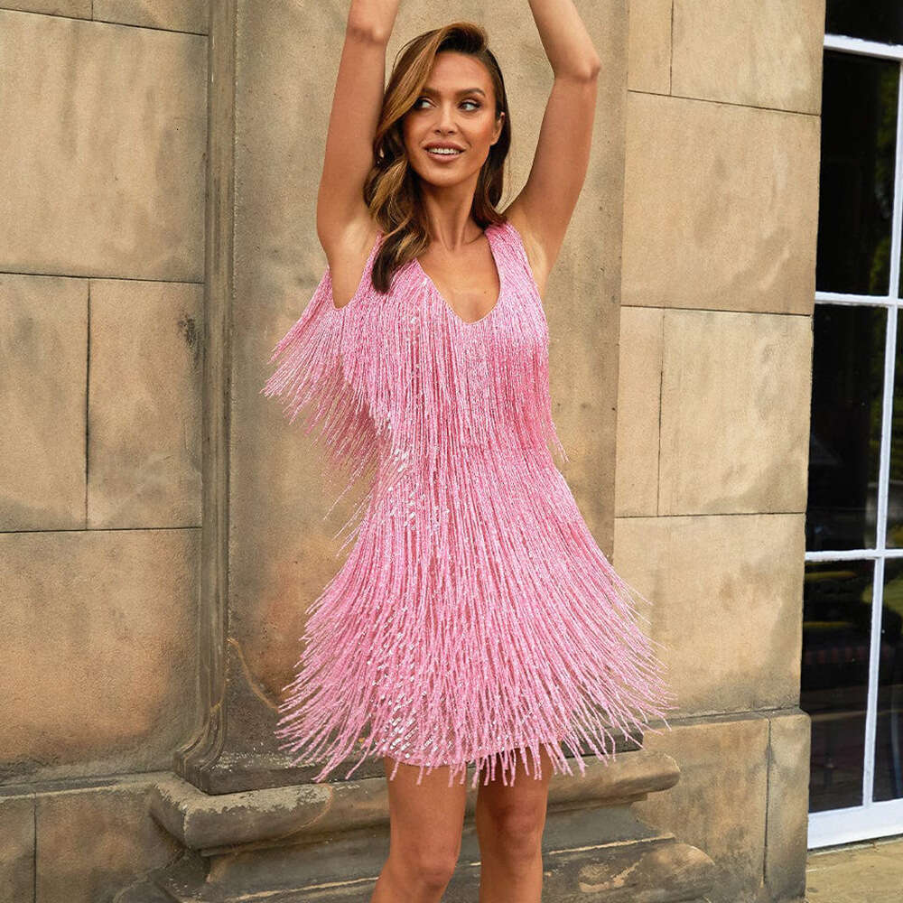 2026 New European and American Style Tassel Sequin Sleeveless Dress Evening Gown