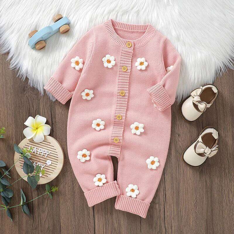 Citgeett Spring Infant Baby Girls Knit Romper Long Sleeve Button Flower Fall Jumpsuit Sweater Pink Clothes Z260306