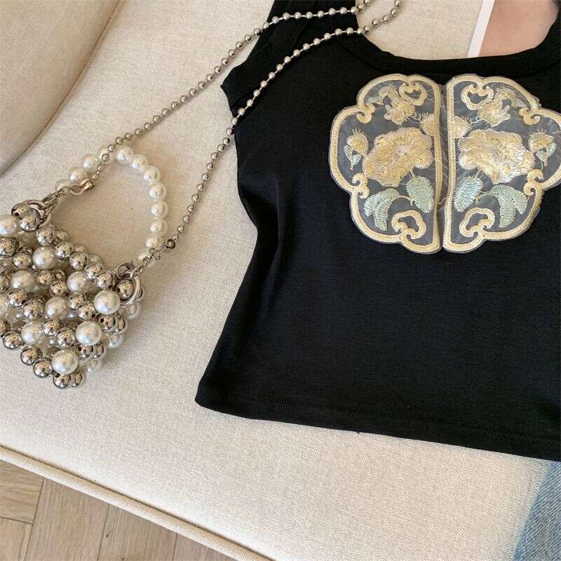 New Chinese-Style Women's Summer Camisole With Chest Pads, Short Embroidered Tank Top For Plus-Size Women