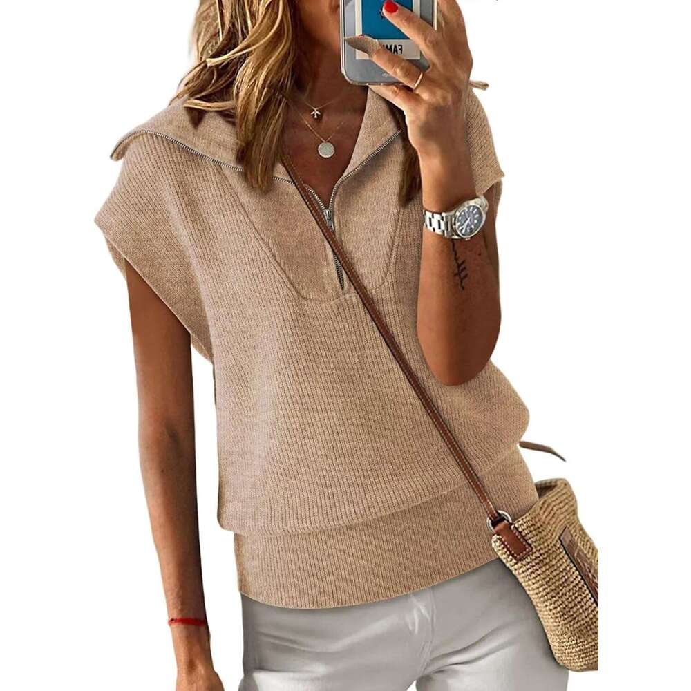 Women's Casual Sleeveless Half Zip Pullover Solid Designer V Neck Collar Ribbed Knitted Loose Sweaters