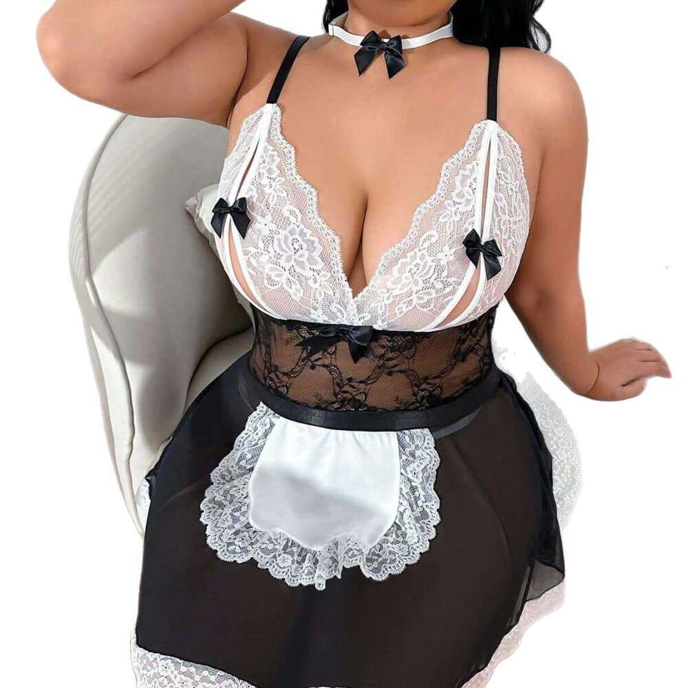 Women Black & White Lace Maid Costume with Deep V-Neck & Bow Details Sexy, Elegant & Perfect for Role Play, Party or Photo Shoot