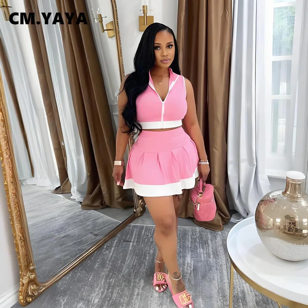 CMYAYA Womens Set Sleeveless V-neck Vest Pleated Skirts Summer Cute Street Beach Two 2 Piece Sets Outfits Tracksuit 260304