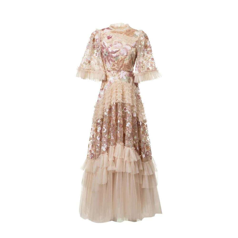 Women's Dress O Neck Short Sleeves Sequined Floral Patchwork Ruffles Elegant Designer Party Prom Gown Maxi Vestidos