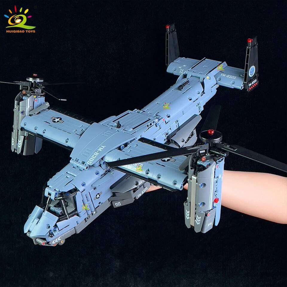 HUIQIBAO MOC 1389PCS V-22 Tiltrotor Aircraft Helicopter Building Block Children Military Airplane model Bricks Toy home Decor. Z260306