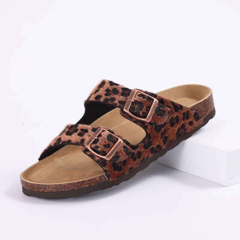 Litfun Classic Women's Sandals Casual Cork Footbed Flat Bottom Slippers Open Toe Leopard Designed Slides With Adjustable Buckle