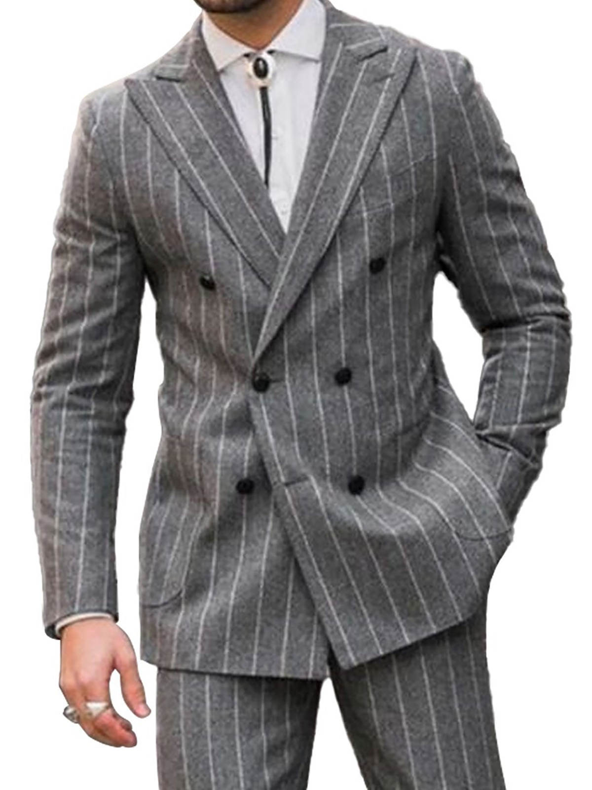 Men Wedding Tuxedos Gray Wide Stripes Peaked Lapel Blazer Prom Party Jacket Pants Groom Wear 2 Pieces Formal Sets