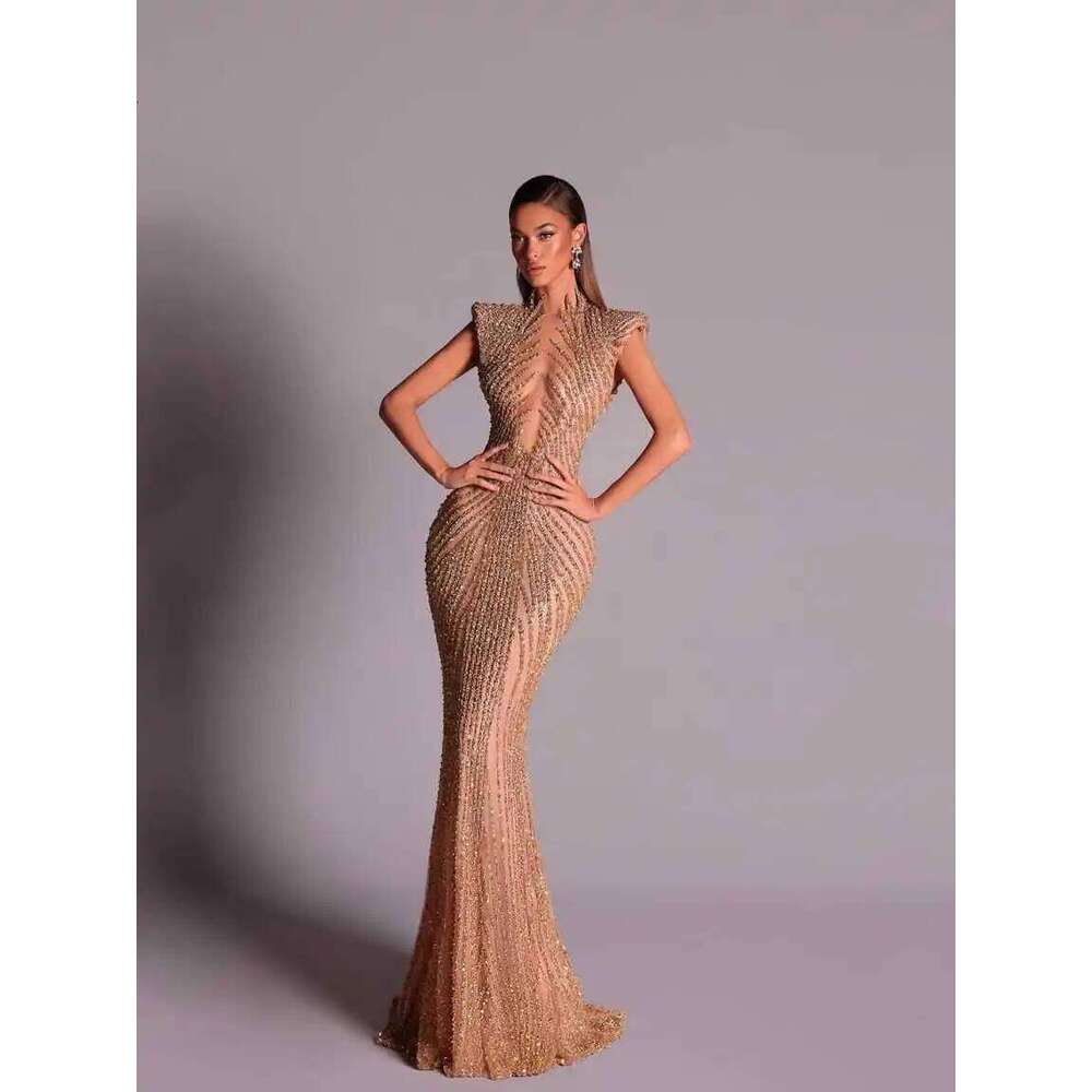 Vintage High Neck Sleeveless Evening Dresses Shiny Sequined Lace Mermaid Prom Dress Customized Floor Length Party Gown
