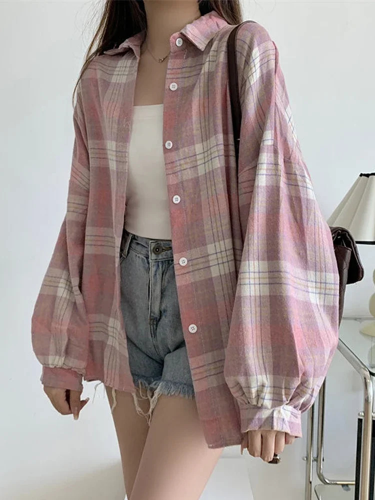 Plaid Shirt Women Autumn LongSleeve Top Female Vintage Fashion Single Breasted Blouse Ladies Preppy Style Loose Check Shirts 260306