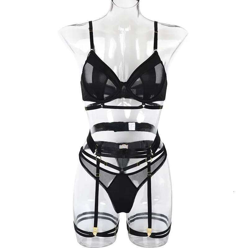 Fashion Black Bra Women Patchwork See Through Mesh Lingerie Ladies Sexy Panty Garters Transparent Underwear Set