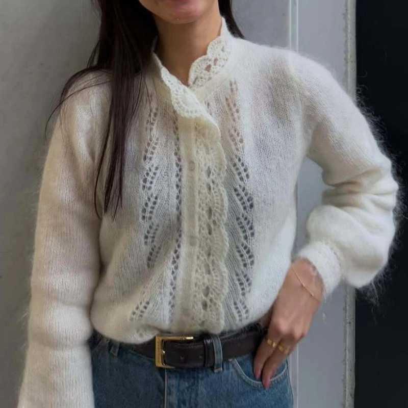 Womens White Cardigan Fashion Hollow Lace Patchwork Loose Sweaters Elegant New Office Basic Autumn Female Cardigan M260306