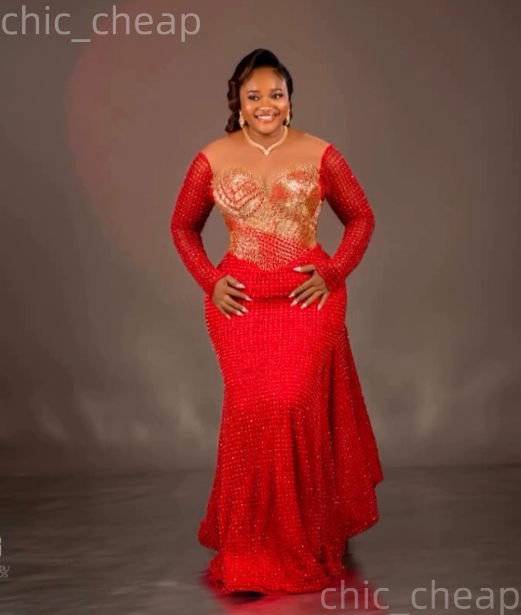 Aso Ebi Red Prom Dress 2026 Mermaid Prom Dress Beaded Crystals Sheer Neck Evening Dresses For Black Women Birthday Party Formal Receiption Gowns Dress