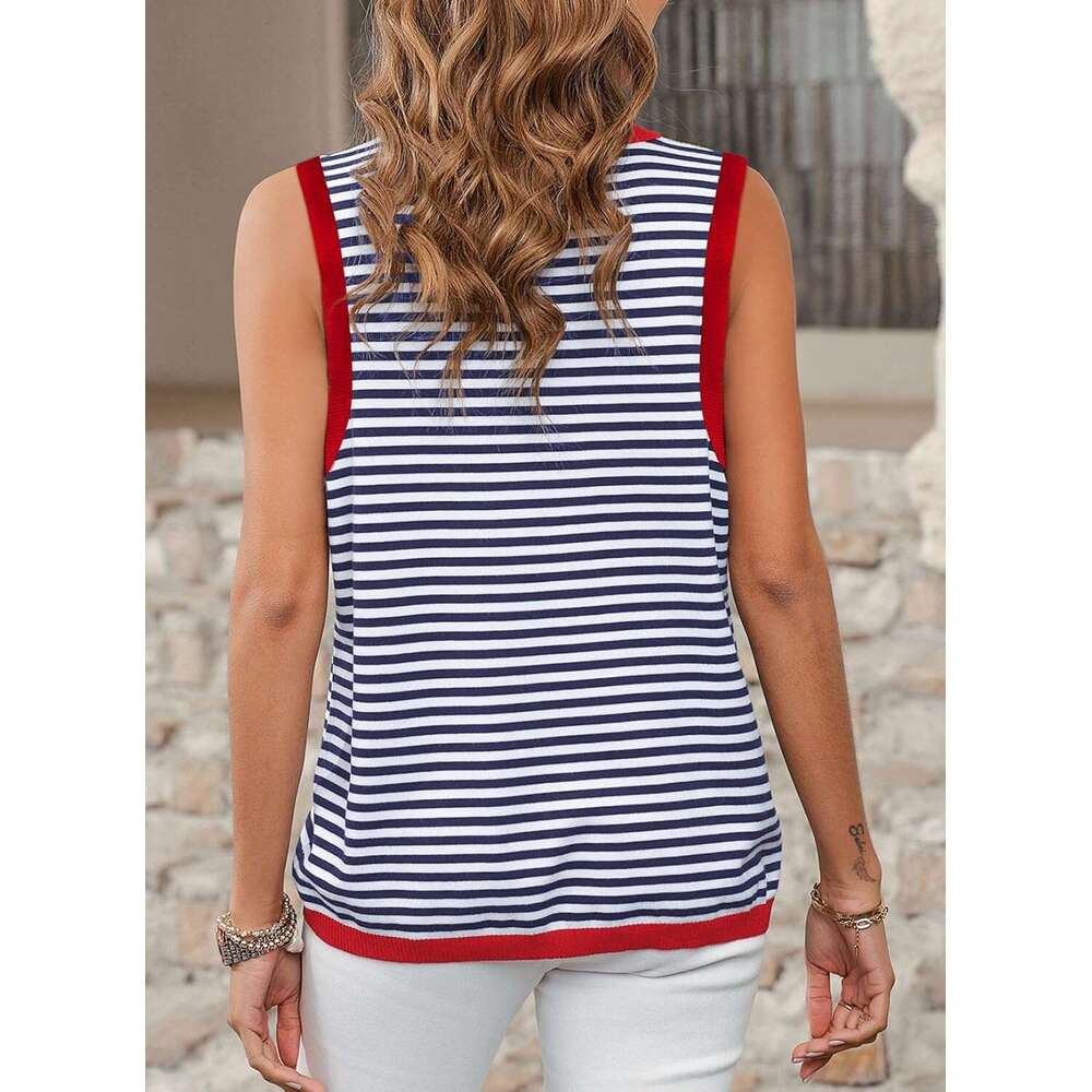 Designer Womens Summer Tops 2026 Casual Striped Color Block Neck Tank Top Loose Knit High Low Sleeveless Shirts Blouses