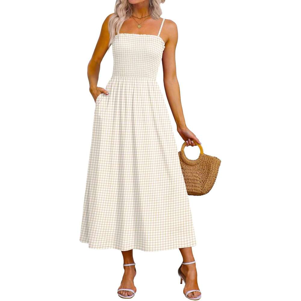 Womens Spaghetti Strap Maxi Dresses Smocked with Designer Pockets 2026 Summer Spring Casual Boho Beach Long Sundresses