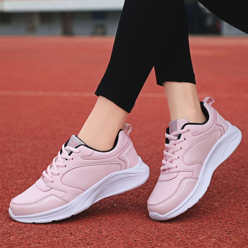 Autumn and winter leather outdoor running women's shoes, flat sports and leisure shoes, women's white shoes, oversized travel and driving sh