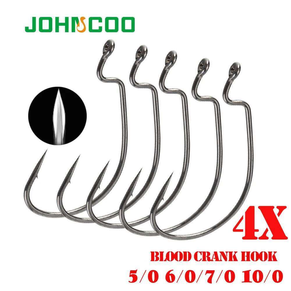 JOHNCOO 10pcs 4X Blood Carbon Steel Wide Crank Offset Fishhook Soft Worm Barbed Hook Carp Fishing Hooks S260305