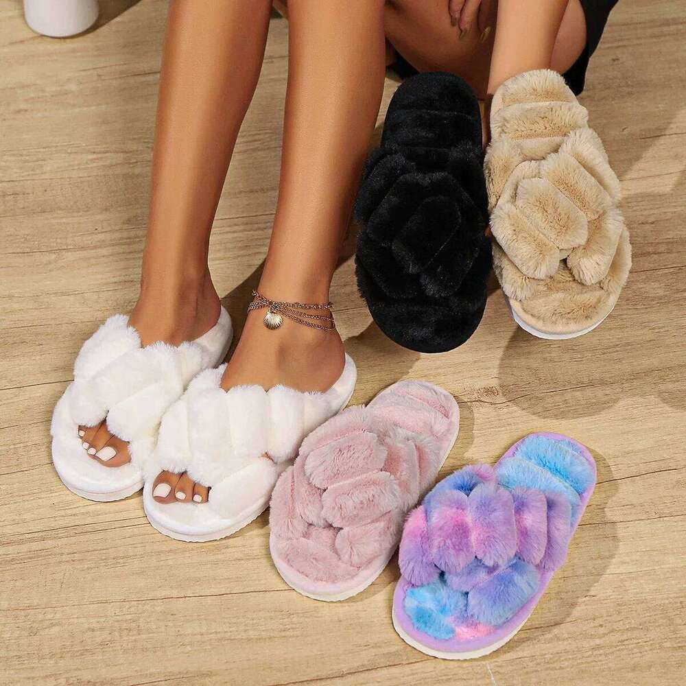 Women's Fluffy Cross Strap Fur Lightweight Soft Warm Plush House Slippers Woman Autumn Winter Flat Indoor Fuzzy Slides