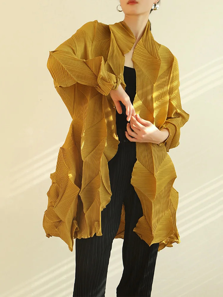 Miyake Fold Trench For Women 2025 Autumn Summer Long Sleeves Open Stitch Loose Pleated Coat Ladies Sun Protection Clothing 260228