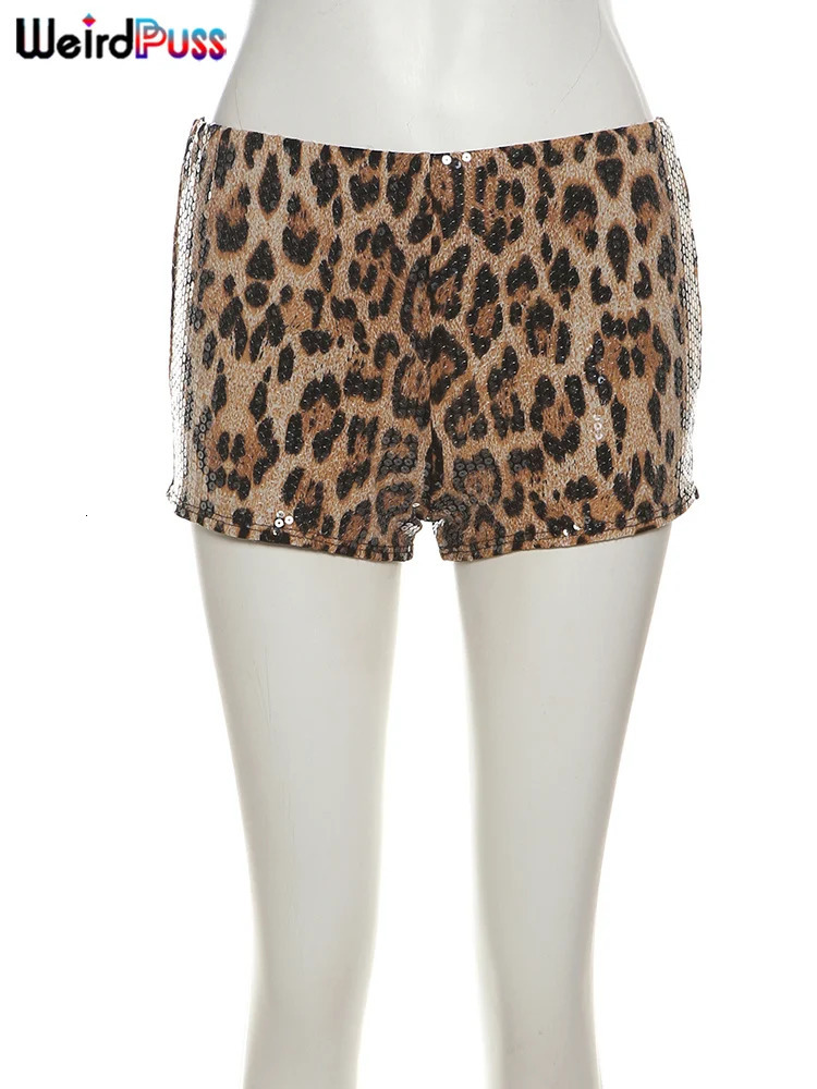 Weird Puss Leopard Print Mini Shorts Women Sequins Patchwork Wild Skinny Stretch Streetwear Autumn Midnight Sexy Trend Buttoms 260306