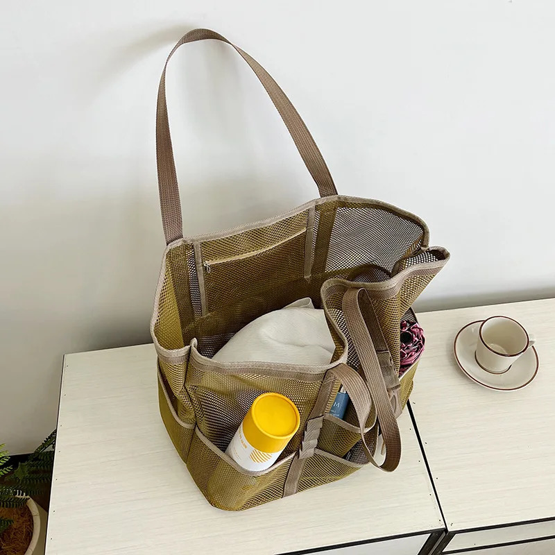 Large Capacity Canvas Beach bag Versatile Commuting Shopping Shoulder bag Lightweight Semi Transparent Mesh Hollow bag 260303