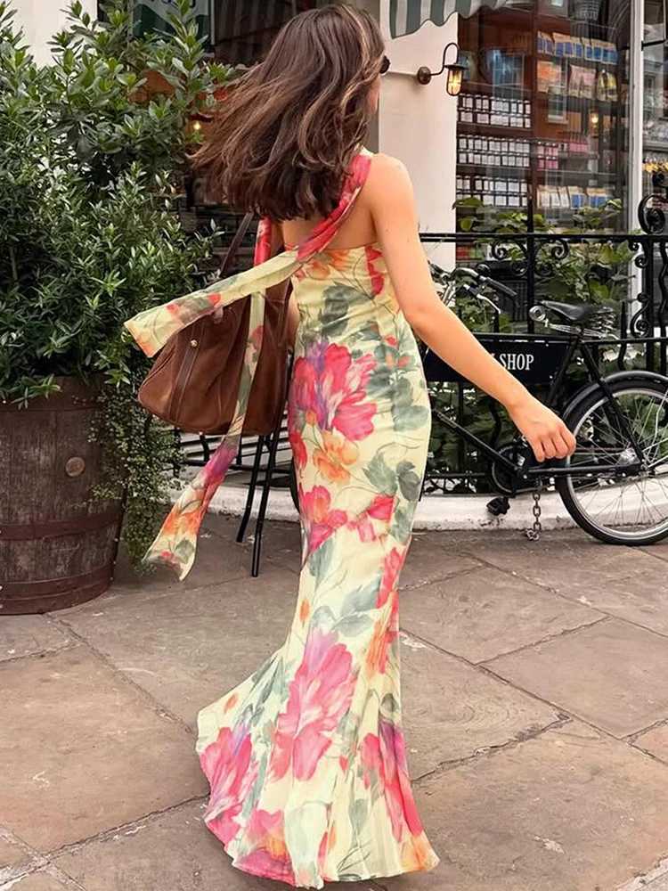Weird Puss Flower Print 2 Piece Set Women Elastic Strapless DressRibbon Scarf Vacation Party Elegant Fashion Stretch Vestidos X260306