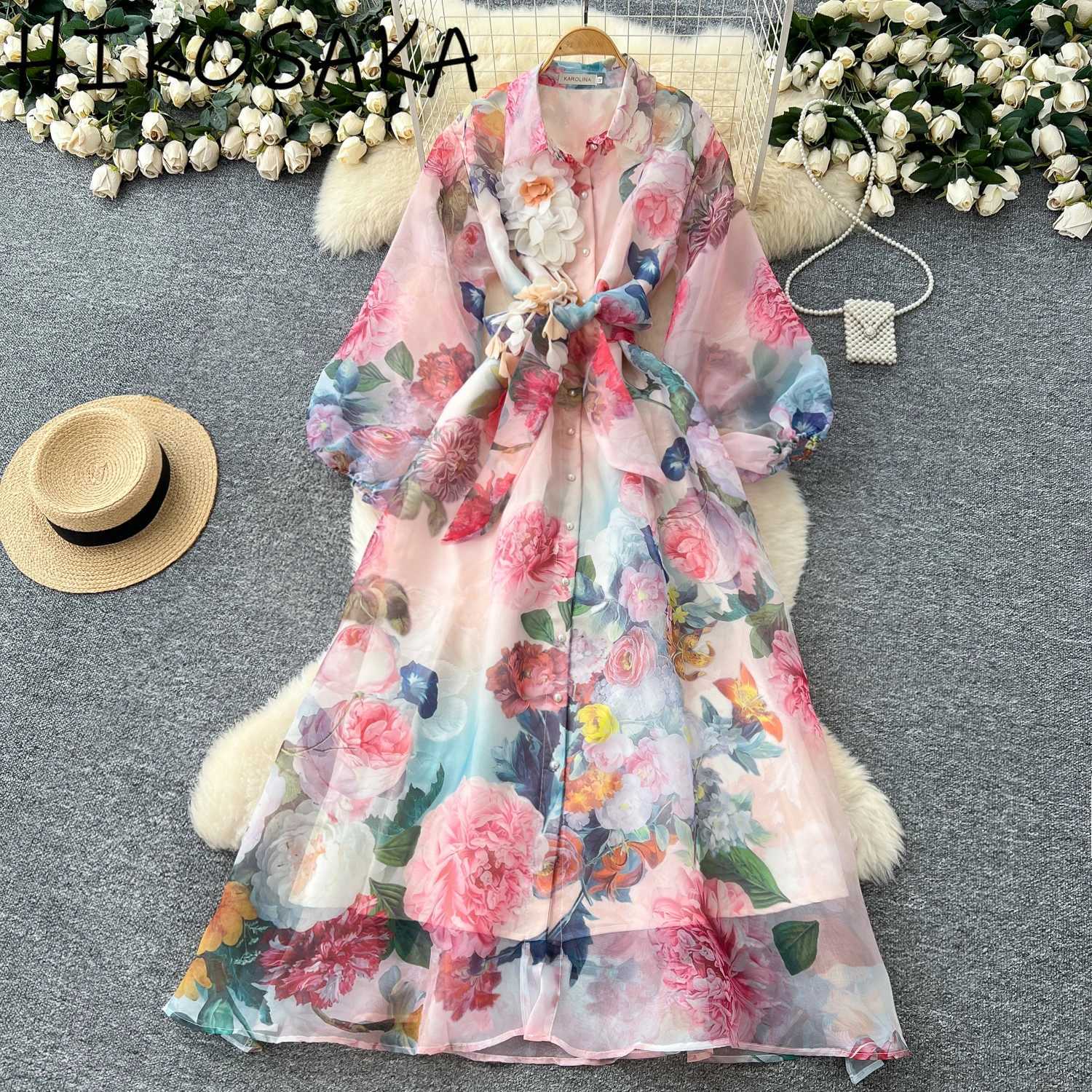 Fresh Sweet Floral Print Fairy Dress Court Style Puff Sleeve Bandage Robe Female Turn-down Collar Single Breasted Vestidos X260306