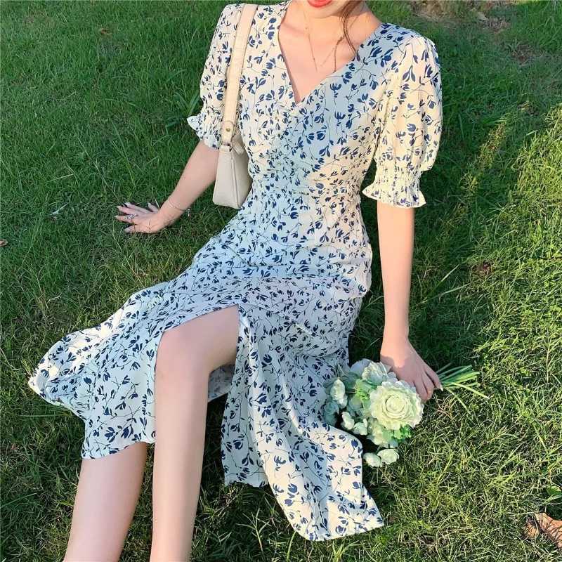 Spring and Summer New Casual Fashion Print Commuter Versatile Trendy Horn Sleeves Simplicity V-neck Short Sleeve A-line Dress X260306