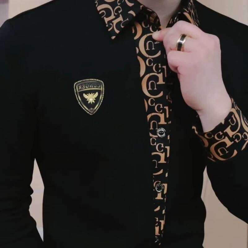 New Men's Light Luxury Handsome Lapel Long Sleeve Korean Version Fake Two Pieces Casual Slim Fit Business Social Shirt