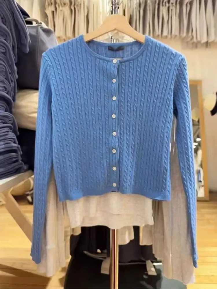 New Blue Twisted Flower Knit Cardigan Women Autumn Casual O-neck Single-breasted Slim Crop Tops Vintage Preppy Style Sweater Y2K M260306