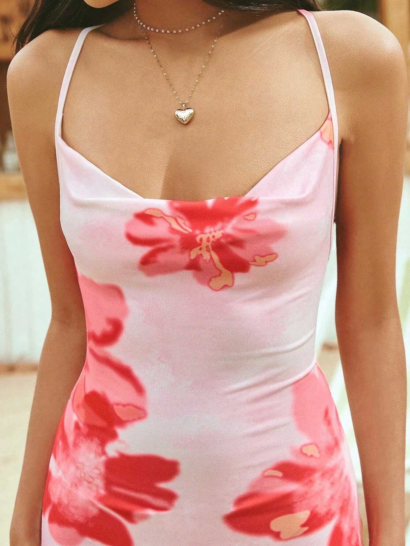Spring and Summer Pink Floral Strapless Dress for Outings Travel and Resort - Beach and Sand Design with Print Long Dress X260306