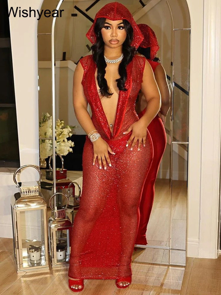 y Birthday Red Hooded Dress for Women Sexy Deep V Neck Sequins Glitter Mesh See Through Back Open Sparkly Evening Robe 260302