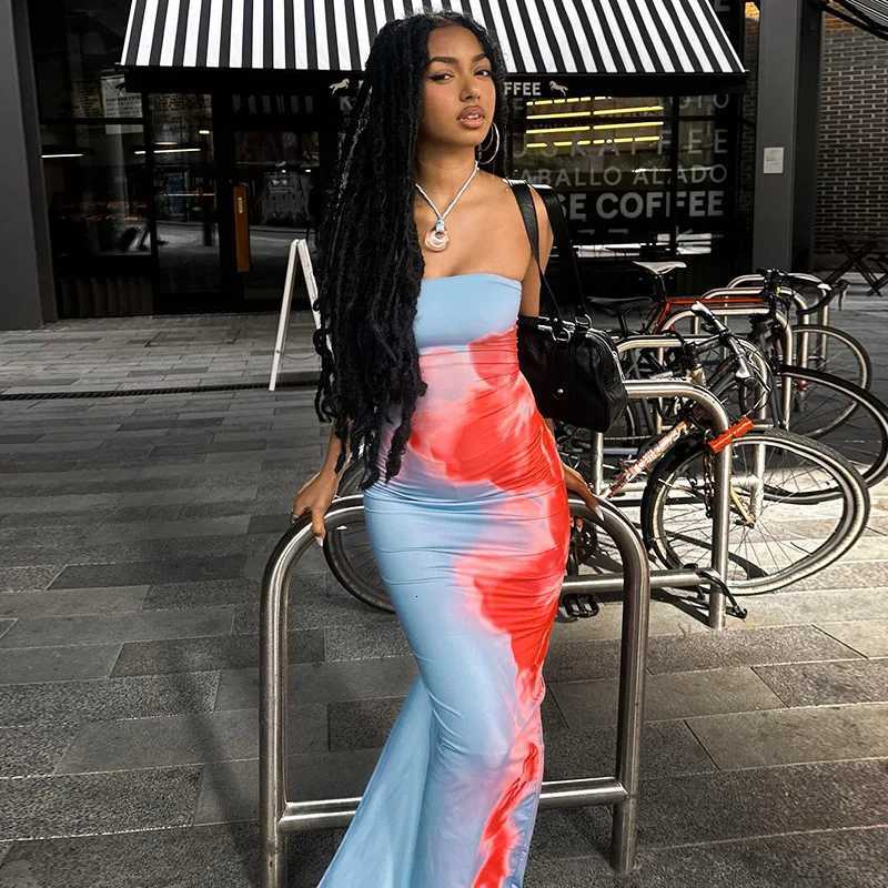 Fashion Elegant Sleeveless Print Long Dress Womens Sexy Backless Strapless Bodycon Maxi Dresses Summer Beach Holiday Long Robe X260306