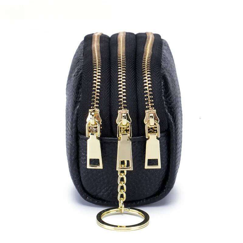 Luxury Leather Keychain Wallet with 3 Zippers Compact Coin Purse for Women Men RFID Blocking Travel Essentials Cash Card Holder C260304