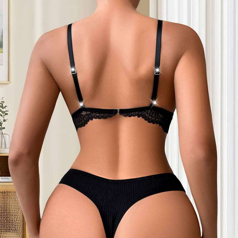 2pcs/Set Women's Underwear Set Lace Ribbed Panty Sets Breathable Floral Sexy Lingerie Outfit Wire-Free Padless Bras