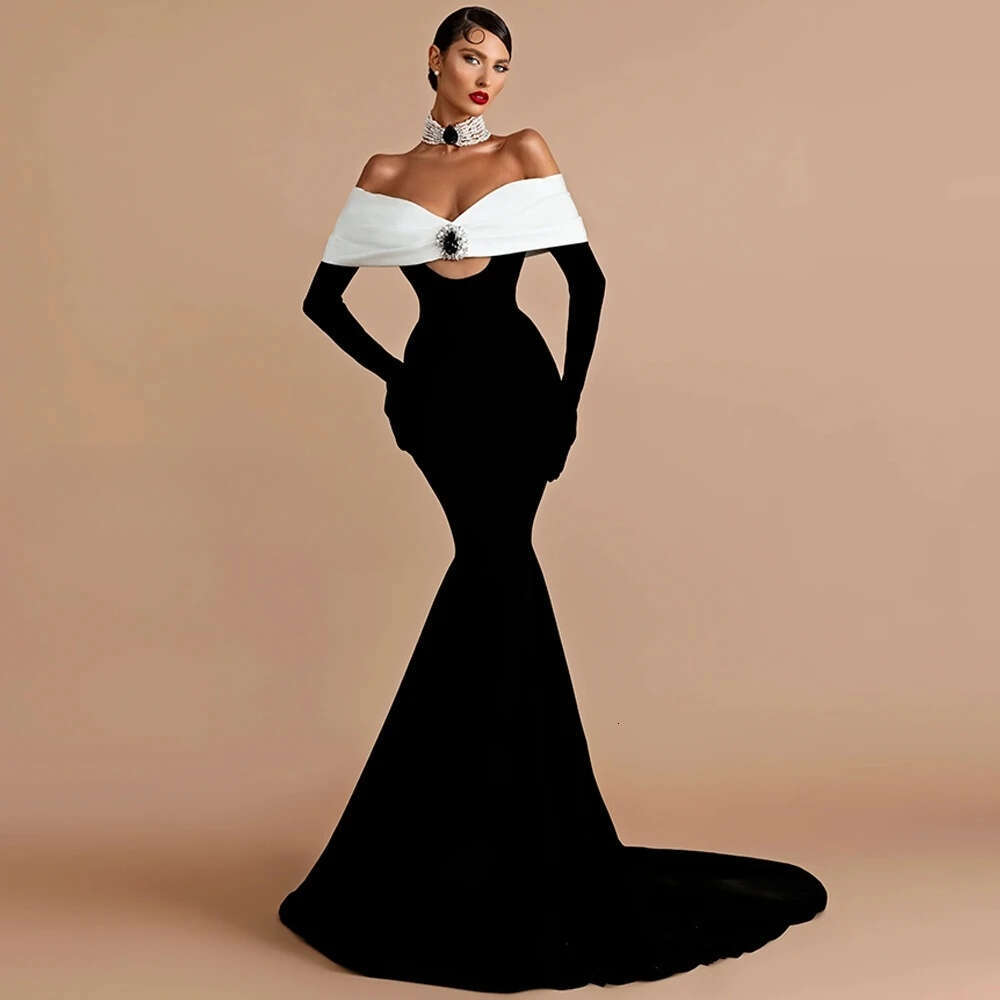 Contrast Color Crystal Mermaid Evening Dress Off The Shoulder Prom Dresses Court Train Celebrity Gowns